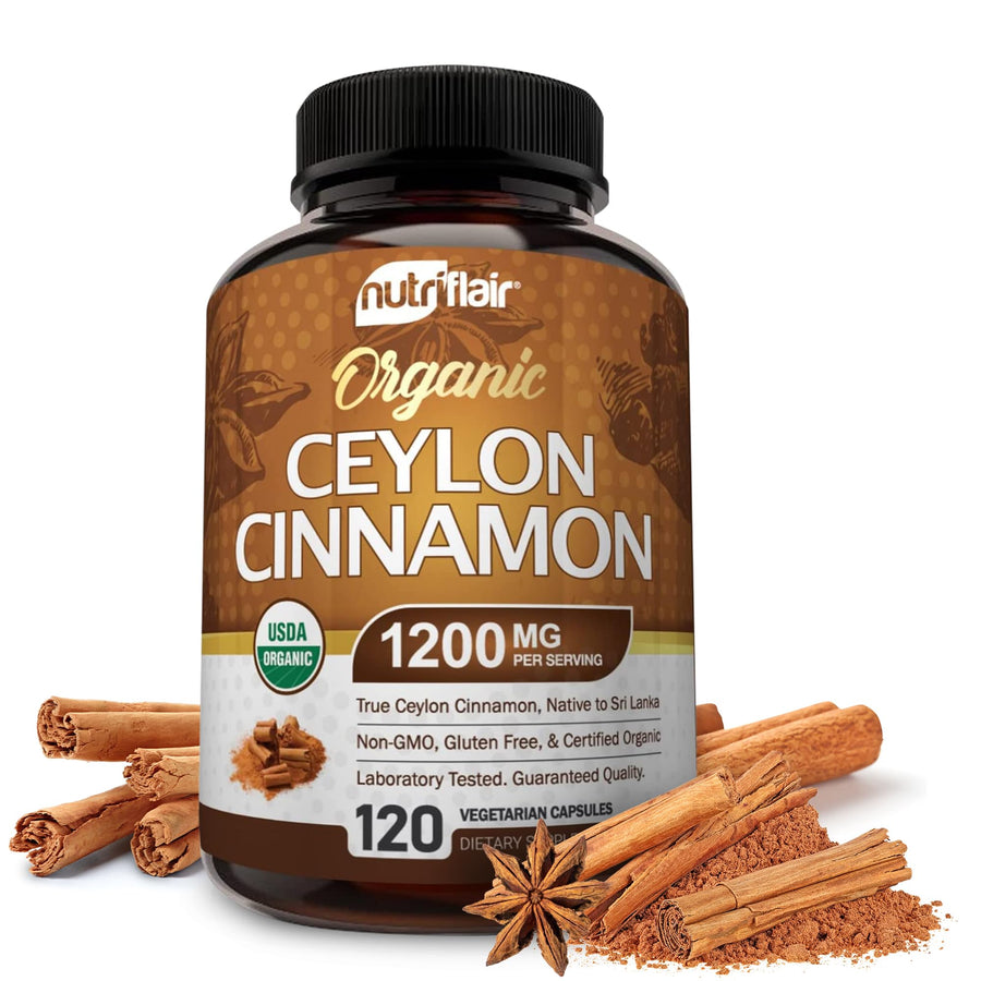 Organic Ceylon Cinnamon Supplement 1200mg, 120 Capsules - USDA Certified Organic Cinnamon - Non-GMO, Gluten Free Cinnamon Powder, Antioxidant Cinnamon Pills
