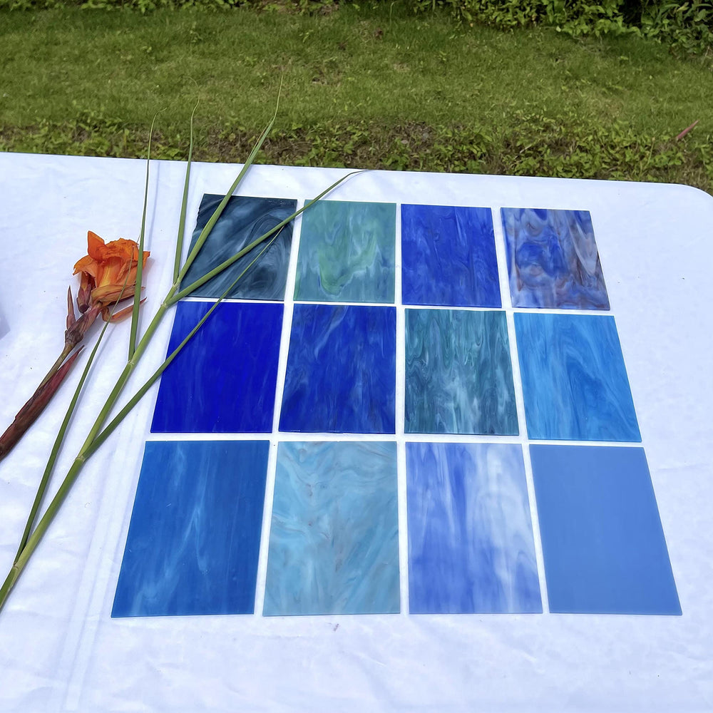 12 Sheets Stained Glass Sheets Pack, 6 X 4 Cathedral Glass, Art Glass, Mosaic Glass Tiles for Crafts, (Mixed Blue)