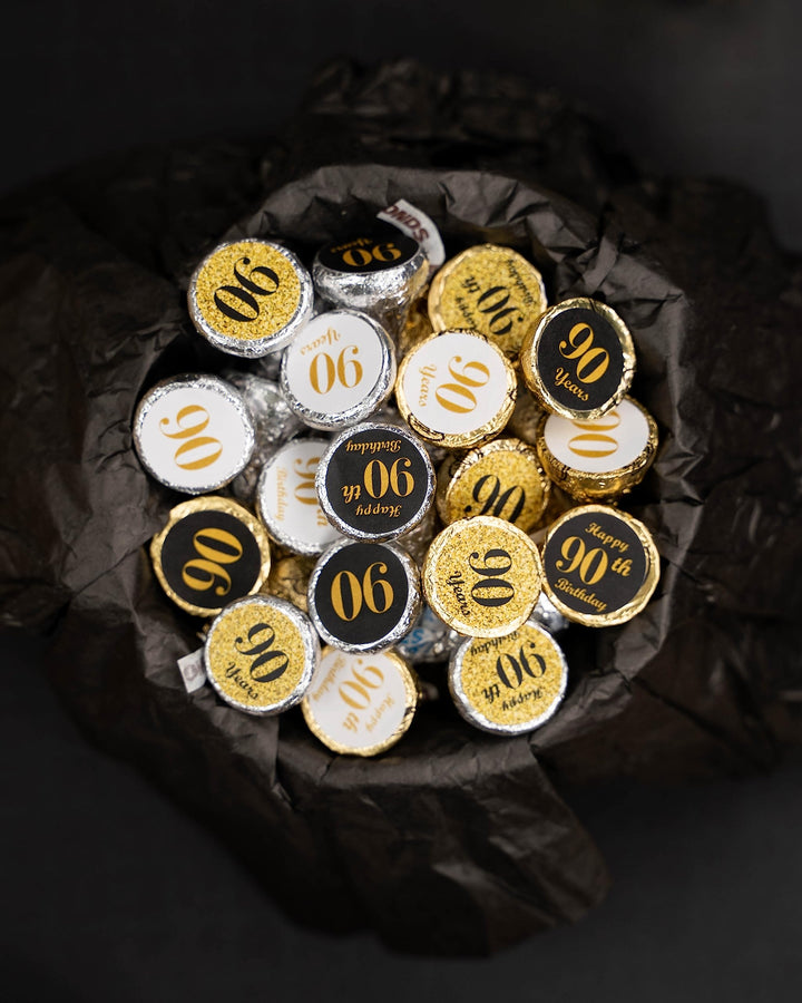 90th Birthday Kisses Stickers, (Set of 324) Chocolate Drops Labels Stickers for 90th Birthday, Hershey&#39;s Kisses Party Favors Decor, 9 Designs (36 Stickers of Each)