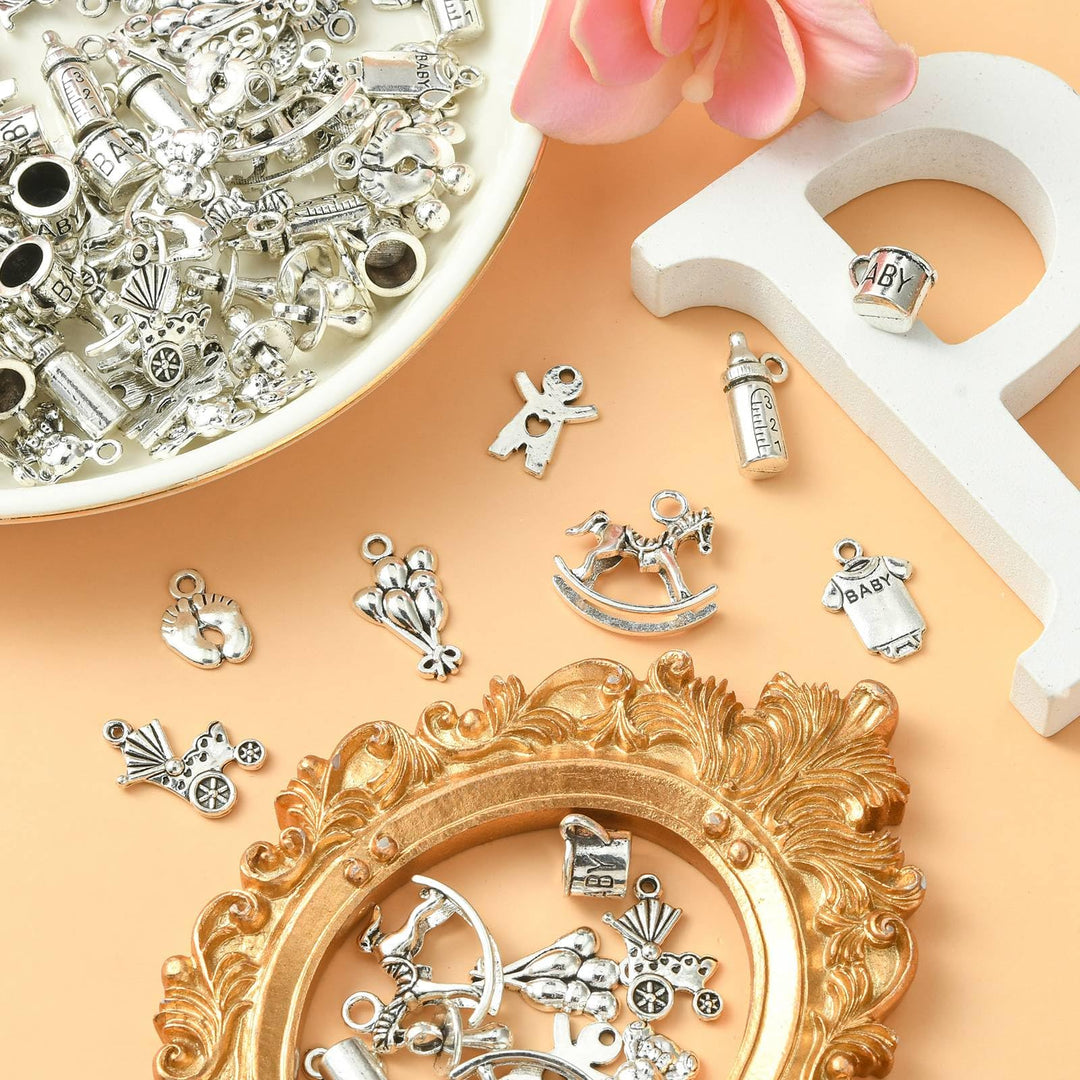 100pcs Baby Theme Charms Alloy Rocking Horse Baby Bottle Ginger Bread Man Toy Tibetan Baby Charms for Jewelry Making Bracelets