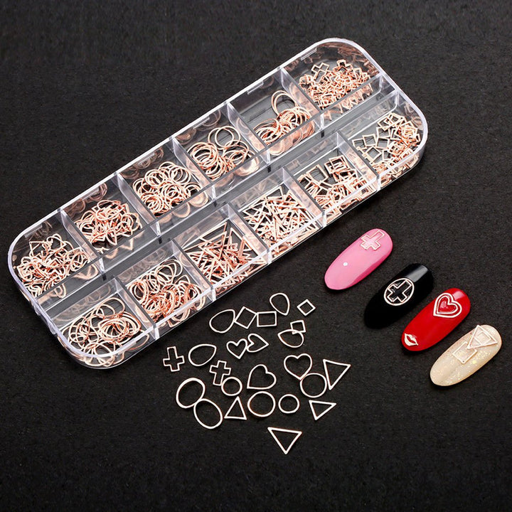 WOKOTO 4 Boxes Hollow Metal Nail Studs Rose Gold Silver Geometry Nail Charm Kit 3D Nail Art Jewelry Decoration With 1Pc Tweezers And Picker Pencil