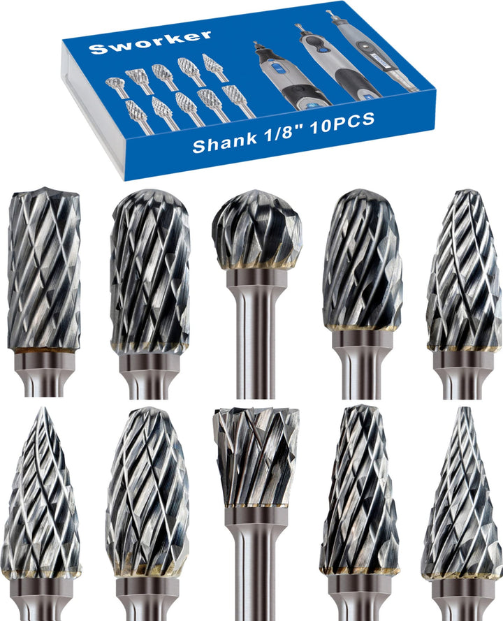 10Pcs 1/8 Shank Carbide Burr Bits Compatible with Dremel Bits Metal Grinding Bits Wood Stone Carving Cutting Engraving Grinder Kit Attachment Rotary Tool Accessories Set Harder Than Diamond