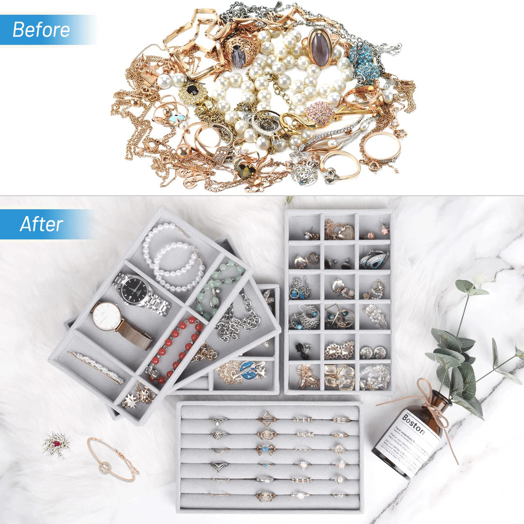 Jewelry Organizer Tray, 5 Pcs Stackable Velvet Jewelry Organizer For Drawer, Jewelry Storage Display Trays Showcase For Dresser Insert, Earring Bracelet Necklace Ring Organizer Holder, Gift For Women