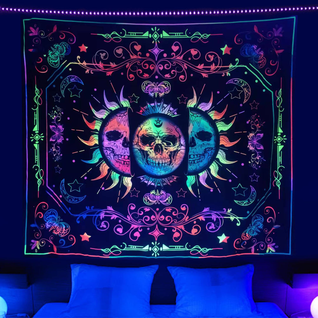 Blacklight Trippy Sun and Moon Stars Tapestry UV Reactive Skull Tapestry Wall Hanging psychedelic Black light Skeleton Tapestries for bedroom aesthetics Party Decor Poster 35.4 * 47.2inch