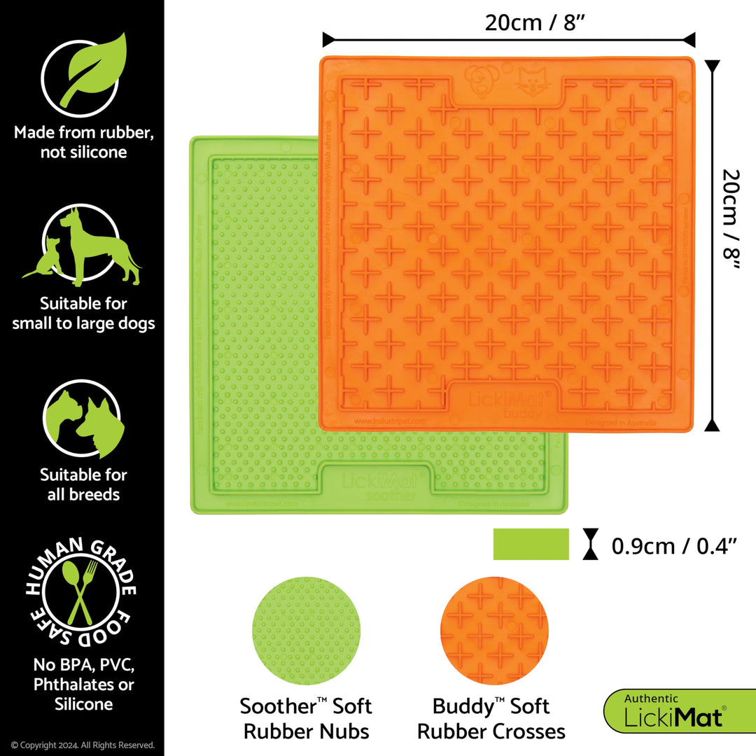 LickiMat 8X8 Pack of 2 Slow Feeder for Dogs Boredom &amp; Anxiety Reducer for Food Treats Yogurt Peanut Butter Fun Alternative to a Slow Feed Dog Bowl Classic Dog Buddy &amp; Soother (Green &amp; Orange)
