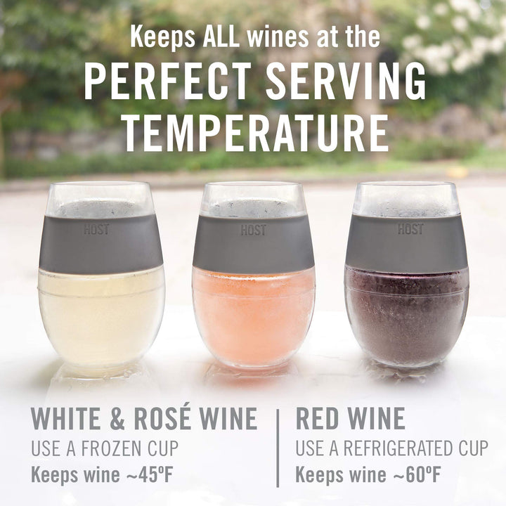 Wine Freeze Cup Set of 2 - Plastic Double Wall Insulated Wine Cooling Freezable Drink Vacuum Cup with Freezing Gel, Glasses for Red and White Wine, 8.5 oz Grey - Gift Essentials