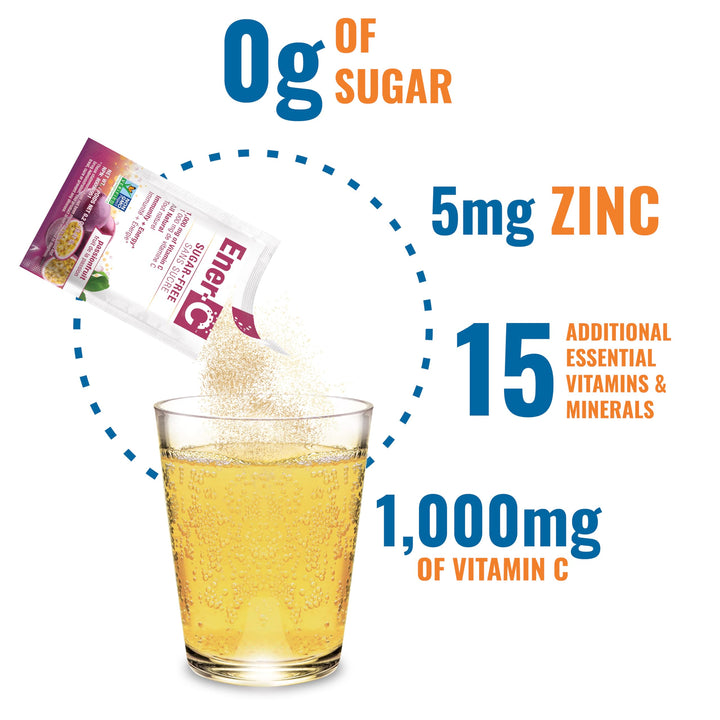 Ener-C Sugar Free Energy Passion Fruit Multivitamin Drink Mix Vitamin C 1000mg & Electrolytes - Natural Immunity Support with Real Fruit Juice Powders - Non-GMO Vegan & Gluten Free - 30 Count