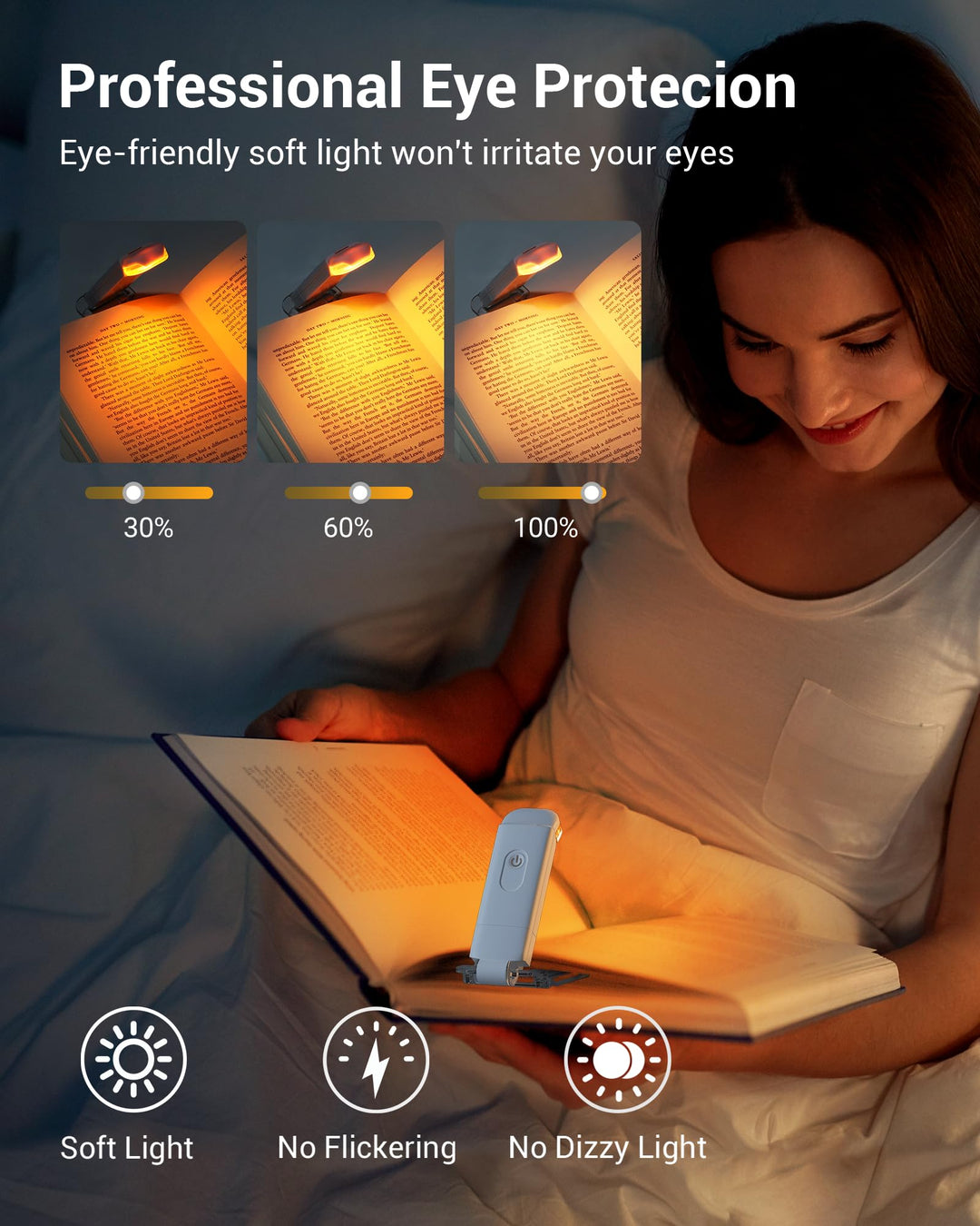 Book Reading Light, Amber Warm Clip On LED with 3 Adjustable Brightness for Eye Protection, Rechargeable USB, Perfect for Bookworms, Kids (White)