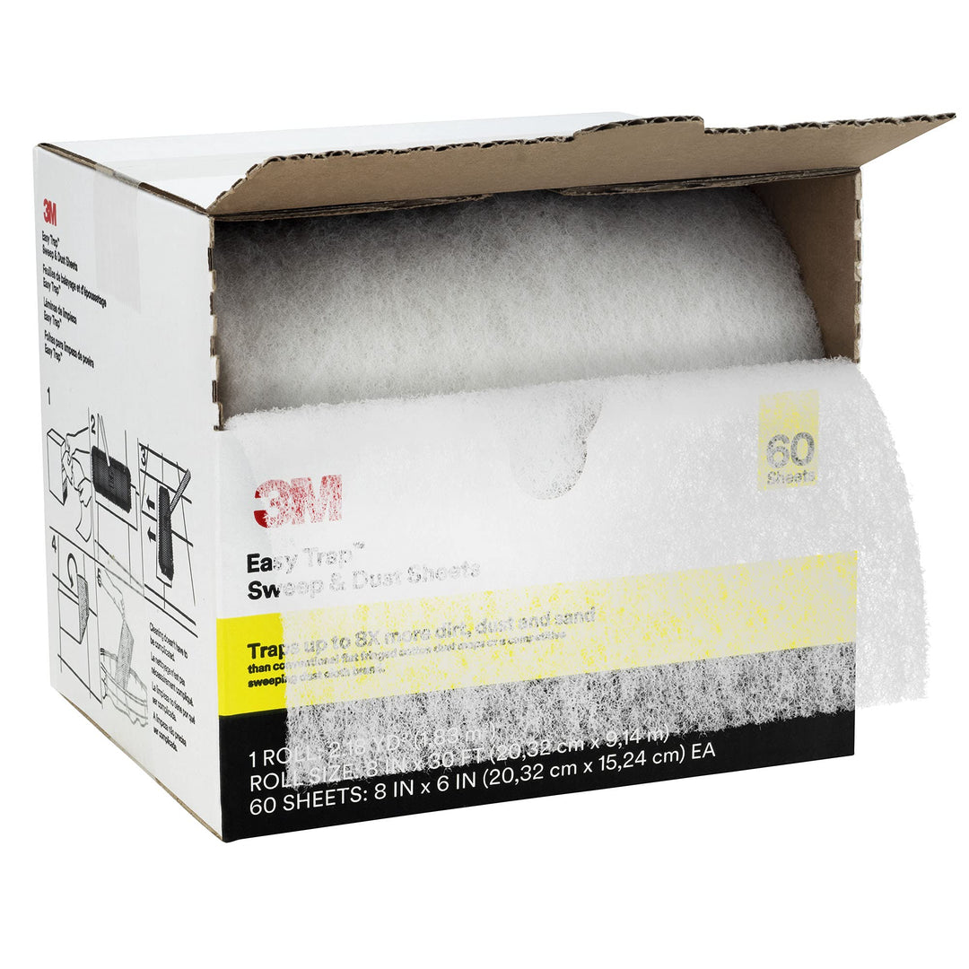 3M Easy Trap Sweep and Dust Sheets, 1 Roll of 60 8 x 6 Sheets, Disposable Easy Sweep Floor Duster, Picks Up 8x More Dirt, Dust, Sand, Hair, Works on Dry or Wet Surfaces, Hardwood Floors, 59152W