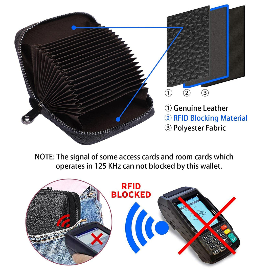 RFID 20 Card Slots Credit Card Holder Genuine Leather Small Card Case for Women or Men Accordion Wallet with Zipper