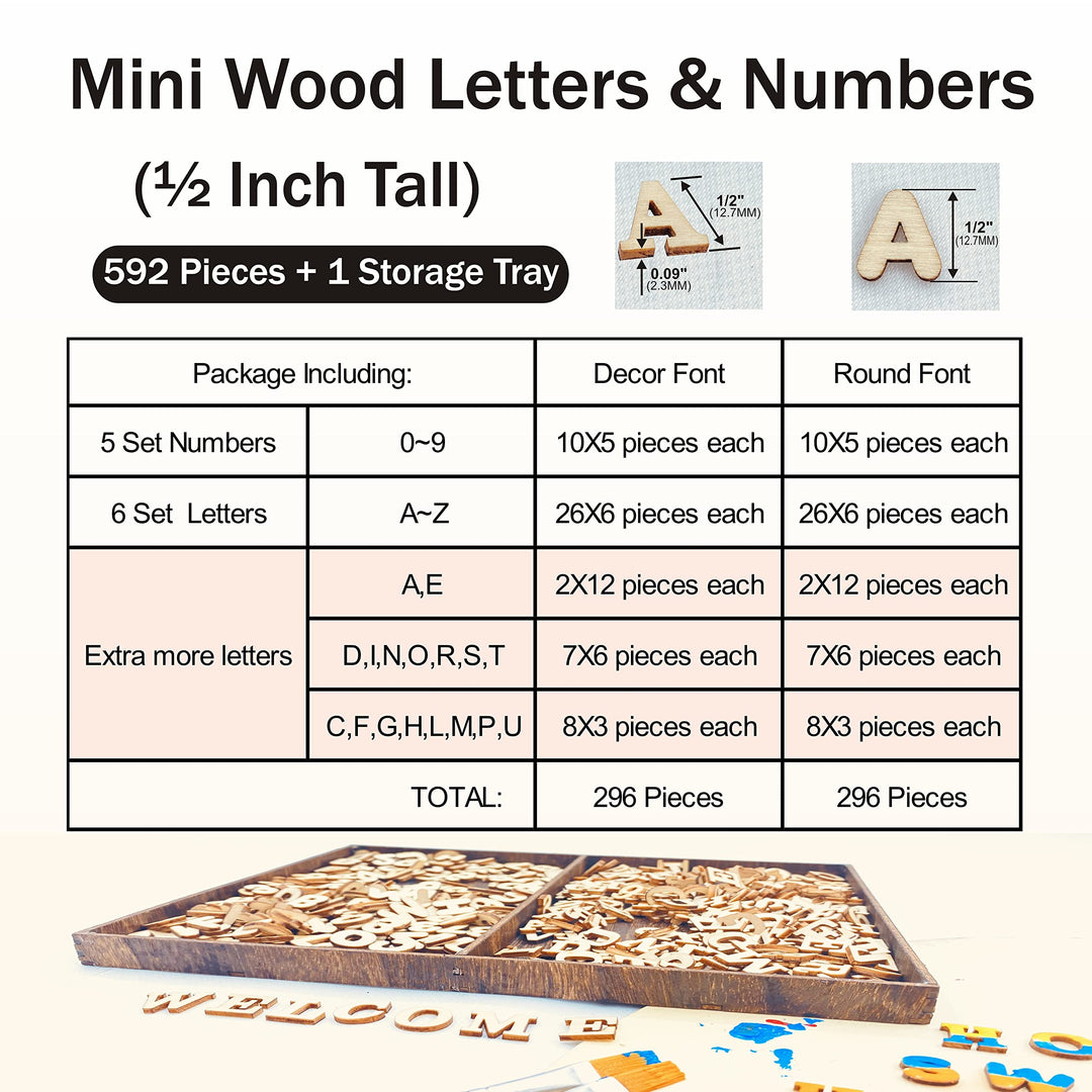 592 Pieces 1/2 Inch Mini Wooden Alphabet Letters and Unfinished Wood Numbers with Rustic Storage Tray for Scrapbooking DIY Crafts Homemade Gifts