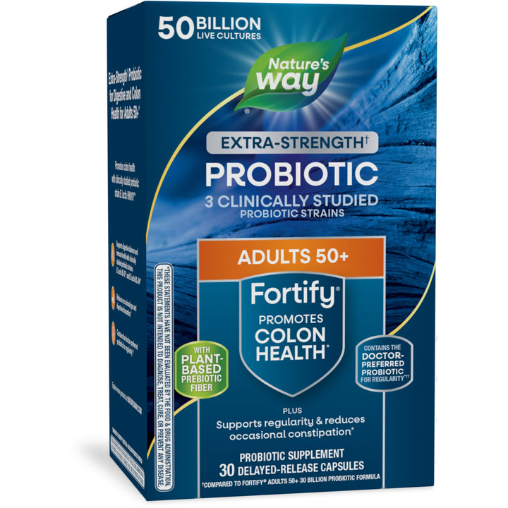 Nature’s Way Fortify Extra Strength† Probiotic Age 50+, 50 Billion Live Cultures, 11 Strains, Prebiotics, Digestive Health*, Immune Support*, Colon Health*, 30 Capsules (Packaging May Vary)