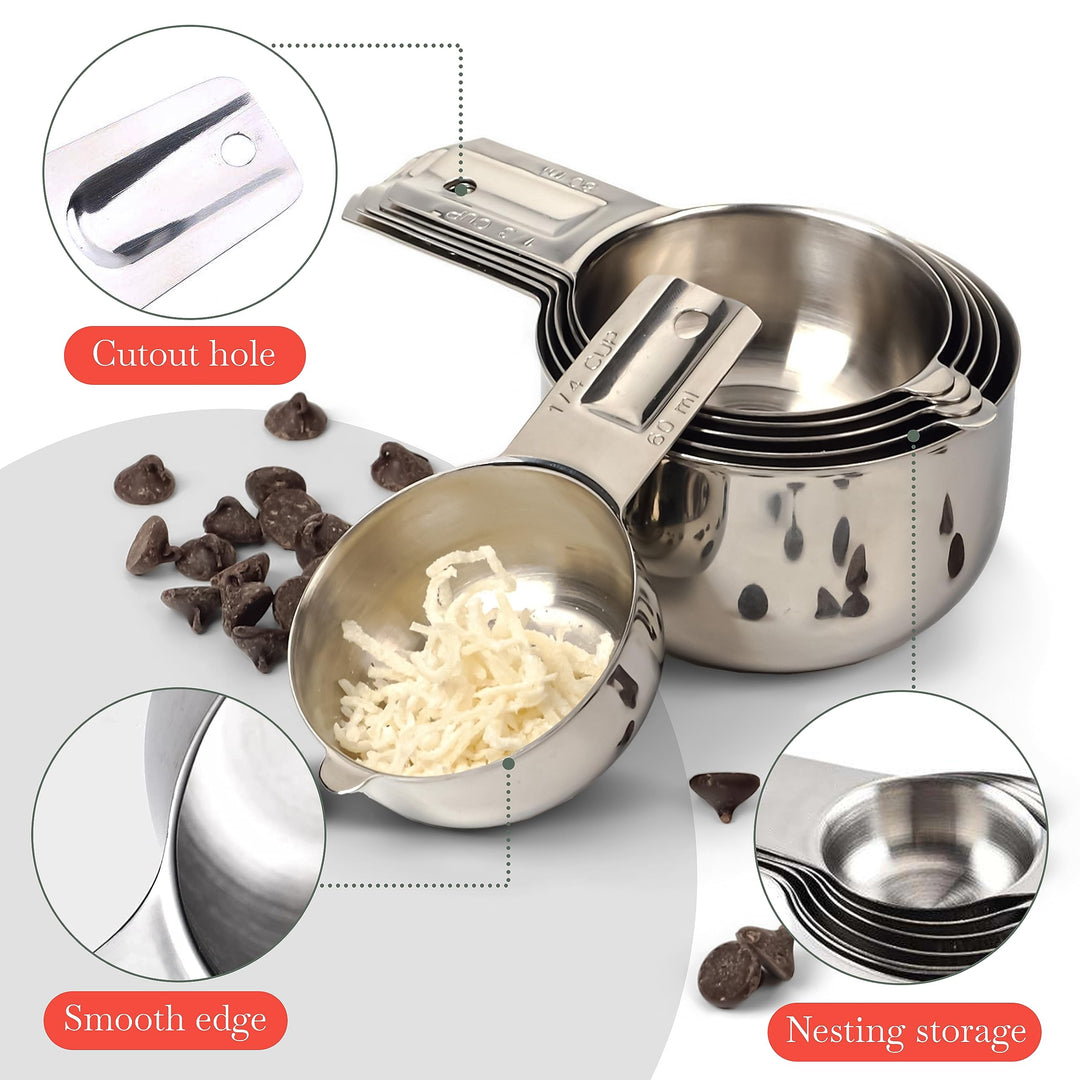 One Piece Stainless Steel - Nesting measuring cups for Kitchen for Bakers, Dry - Ml &amp; Oz measuring cup for Liquid, Metal, Set of 6