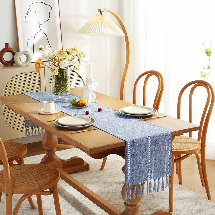 Rustic Farmhouse Style Linen Table Runner, Boho Handmade Tassel Hemstitched Embroidered Table Runners 90 Inches Long for Holiday Party, Dresser and Dining Decorations, 13 x 90 inch - Blue