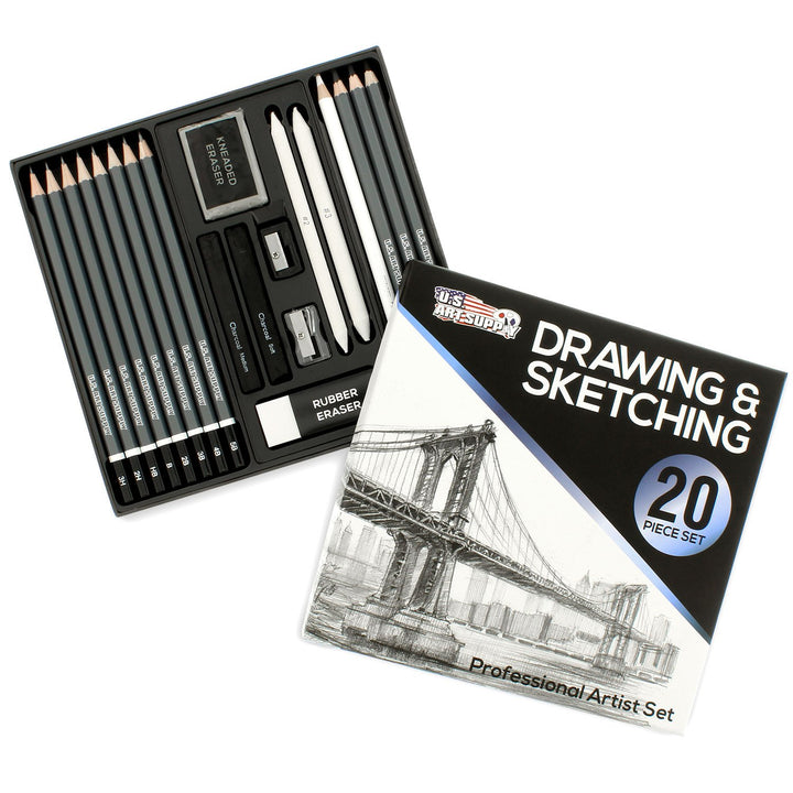 20 Piece Professional Hi-Quality Artist Sketch Set in Hard Storage Case - Sketch &amp; Charcoal Pencils, Pastel, Stumps, Eraser, Sharpeners
