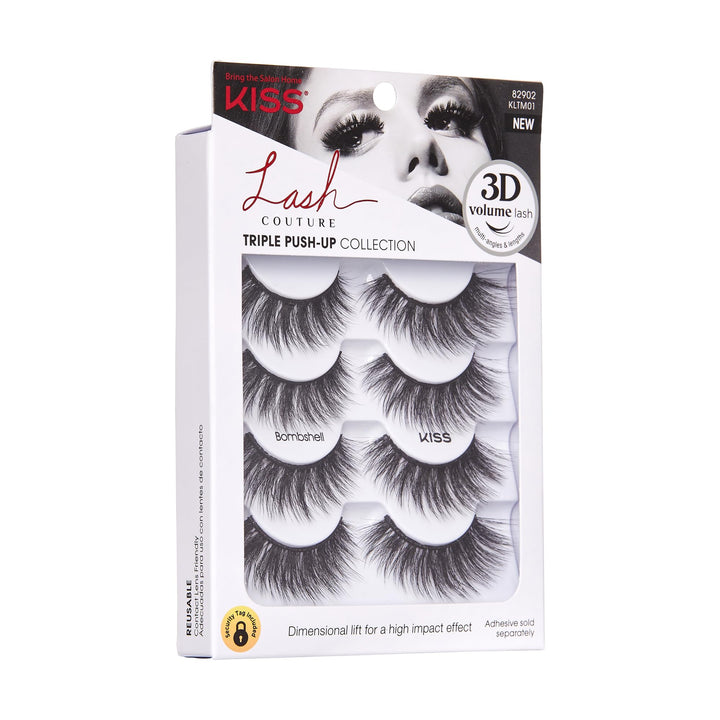 Lash Couture Triple Push Up Collection Multipack, 3D Volume False Eyelashes with Triple Design Technology, Multi-Angles &amp; Lengths, Contact Lens Friendly, Reusable, Style Bombshell, 4 Pairs