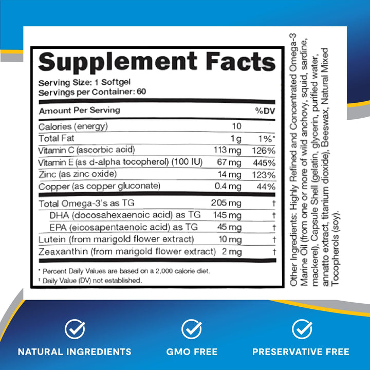 Eye Vitamin and Mineral Supplement with Zinc, Vitamins C &amp; E, Omega 3, Lutein &amp; Zeaxanthin - 60 Count
