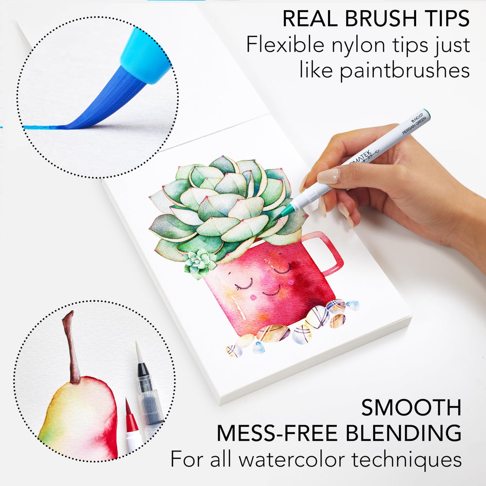 30 Watercolor Brush Pens - 15 Page Tutorial Pad and Online Video Series - Real Brush Tip, Vivid, Blendable - Professional Artist Quality - 27 Colors - 3 Aquapens