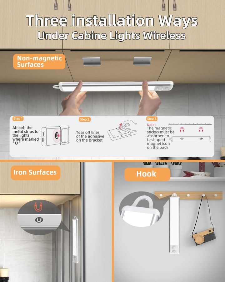 Under Cabinet Lights Motion Sensor: 66-Led Closet Light Wireless Magnetic Counter for Kitchen 1000mAh USB Rechargeable Led Wardrobe Stairs Hallway Indoor 9.0 inch 2Pcs