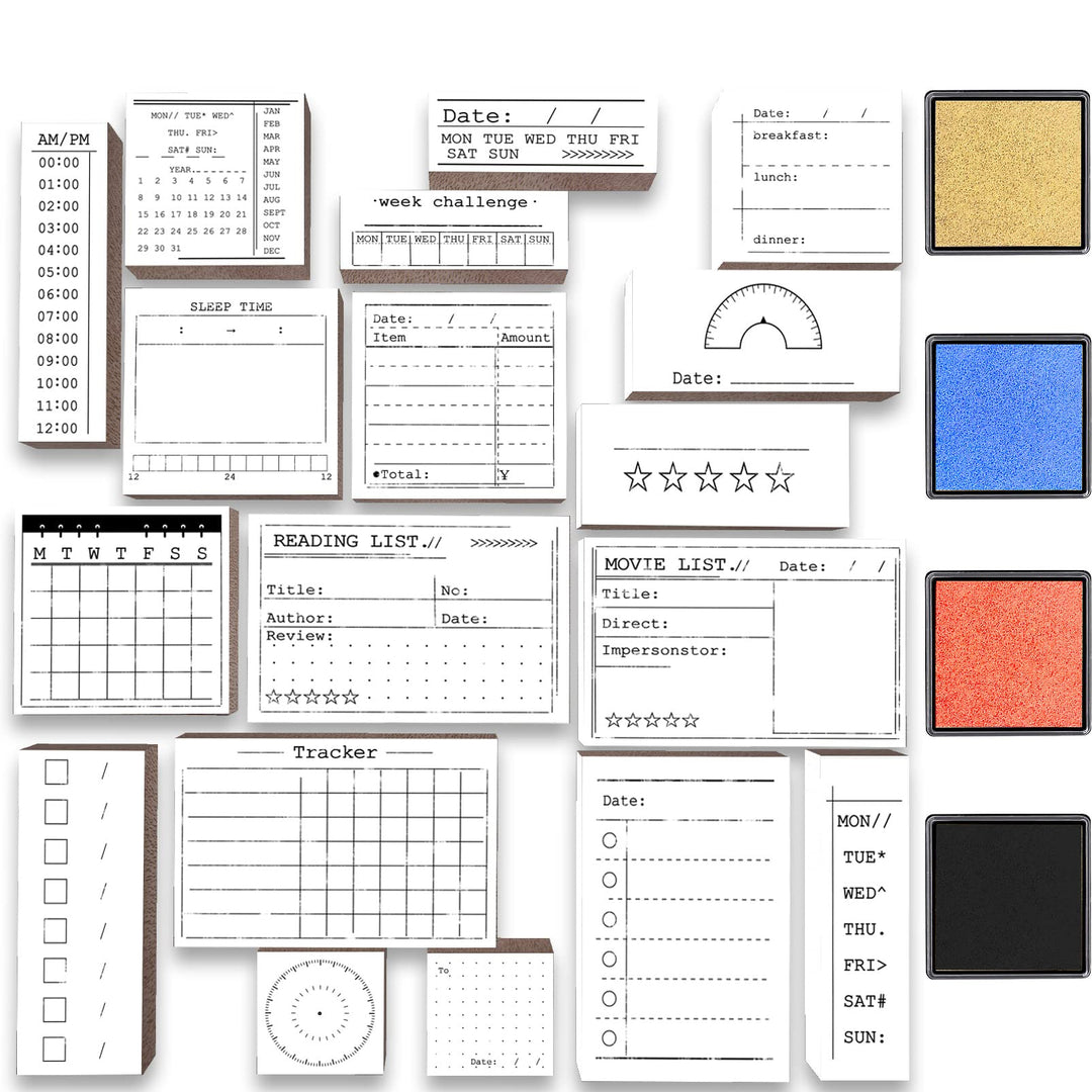 18 Pcs Journal Stamps w/Ink Pad, 4 Set Bujo Stamp Calendar Planner Stencil for Journal DIY, to Do List, Tasks, Month Week Dates Organizer, Scrapbooking Craft, Enhance and Simplify Your Planner