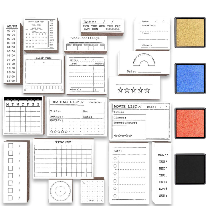 18 Pcs Journal Stamps w/Ink Pad, 4 Set Bujo Stamp Calendar Planner Stencil for Journal DIY, to Do List, Tasks, Month Week Dates Organizer, Scrapbooking Craft, Enhance and Simplify Your Planner
