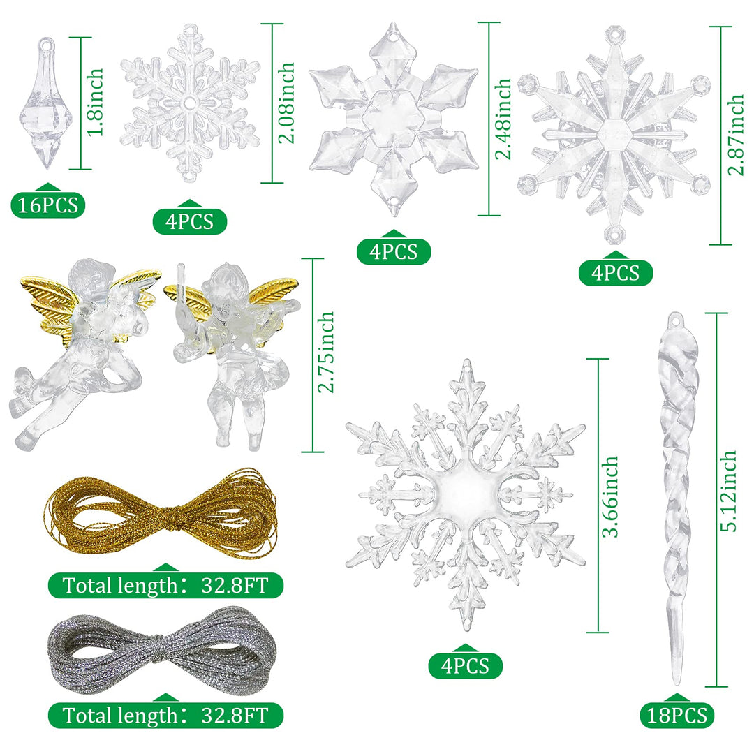 52pcs Icicles Ornaments Set, Clear Snowflake Acrylic Christmas Icicle Ornaments Angel Ornament for Christmas Tree, Christmas Party Decorations