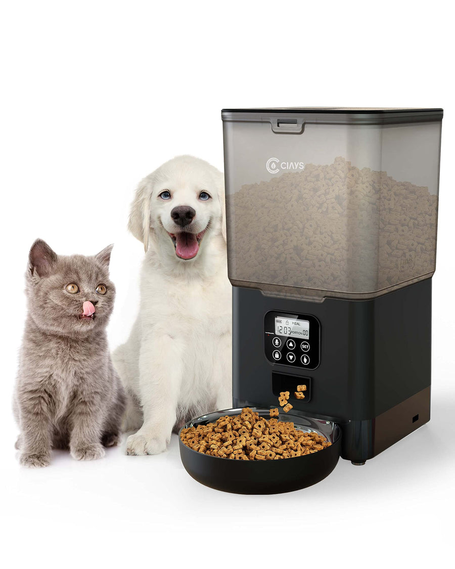 Automatic Cat Feeders, 5.6L Cat Food Dispenser Up to 20 Portions Control 4 Meals Per Day, Pet Dry Food Dispenser for Small Medium Cats Dogs, Dual Power Supply & Voice Recorder, Black, PAF-A06