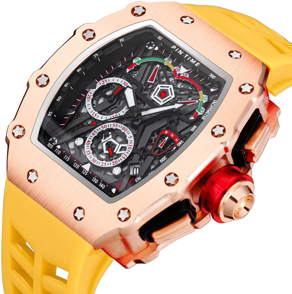 Mens Luxury Tonneau Square Watches Analog Punk Chronograph Unique Sports Wrist Watch Japanese Movement Luminous Design with Rubber Band (Rosegold Yellow)