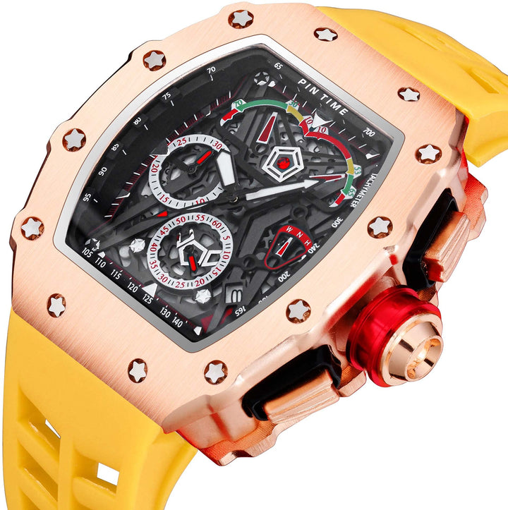 Mens Luxury Tonneau Square Watches Analog Punk Chronograph Unique Sports Wrist Watch Japanese Movement Luminous Design with Rubber Band (Rosegold Yellow)