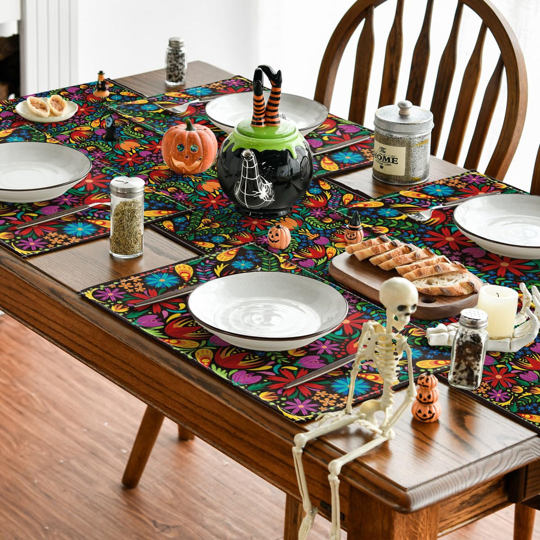 Mexican Cinco De Mayo Placemats for Dining Table, 12 x 18 Inch Floral Fiesta Dia De Los Muertos Decoration Washable Table Mats Set of 4