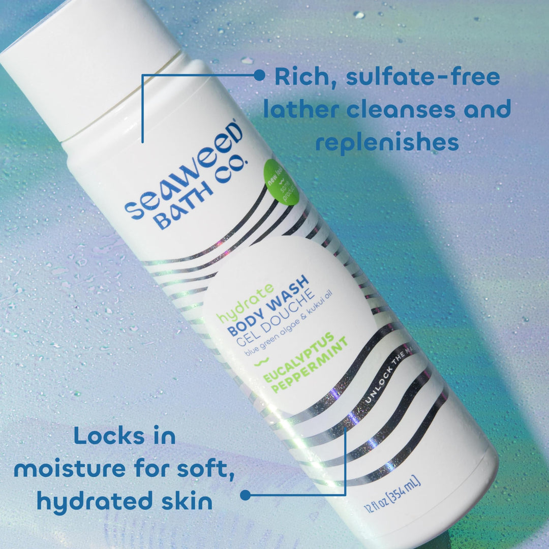 Seaweed Bath Co. Hydrate Body Wash, Eucalyptus Peppermint Scent, 12 Ounce, Shower Gel for Men &amp; Women, Vegan, Paraben Free, Sulfate Free, Cruelty Free