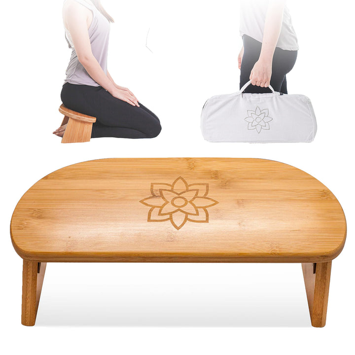 Folding Meditation Bench - Bamboo Kneeling Stool with Locking Magnetic Hinges - Portable Cross Legged Folding Seiza Chair w/Travel Bag