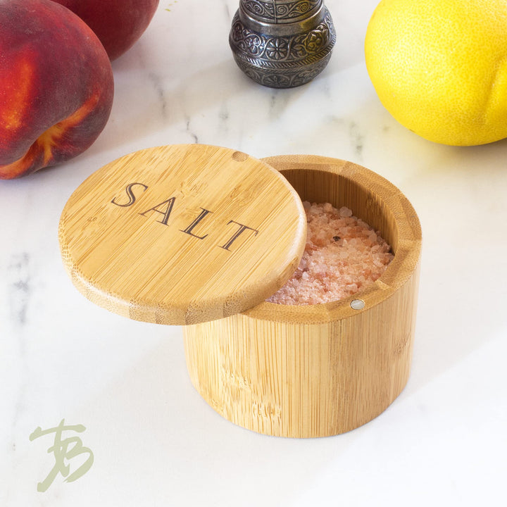 Salt Cellar Bamboo Storage Box with Magnetic Swivel Lid, 6 Ounce Capacity, Salt Engraved on Lid