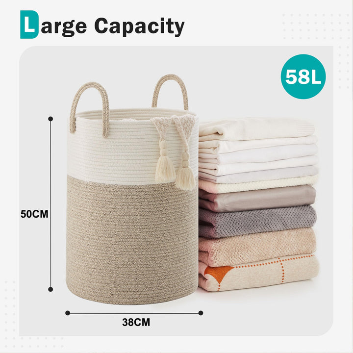 Cotton Rope Laundry Hamper , 58L - Woven Collapsible Laundry Basket - Clothes Storage Basket for Blankets, Laundry Room Organizing, Bedroom Storage, Clothes Hamper – Brown