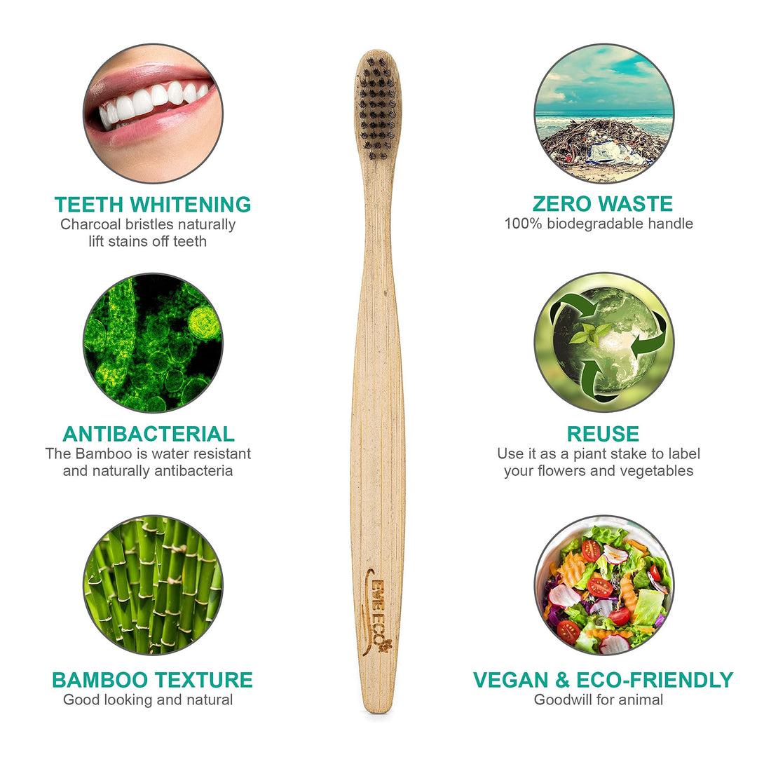 Wood Toothbrush Bamboo | Vegan Charcoal Soft bristles f