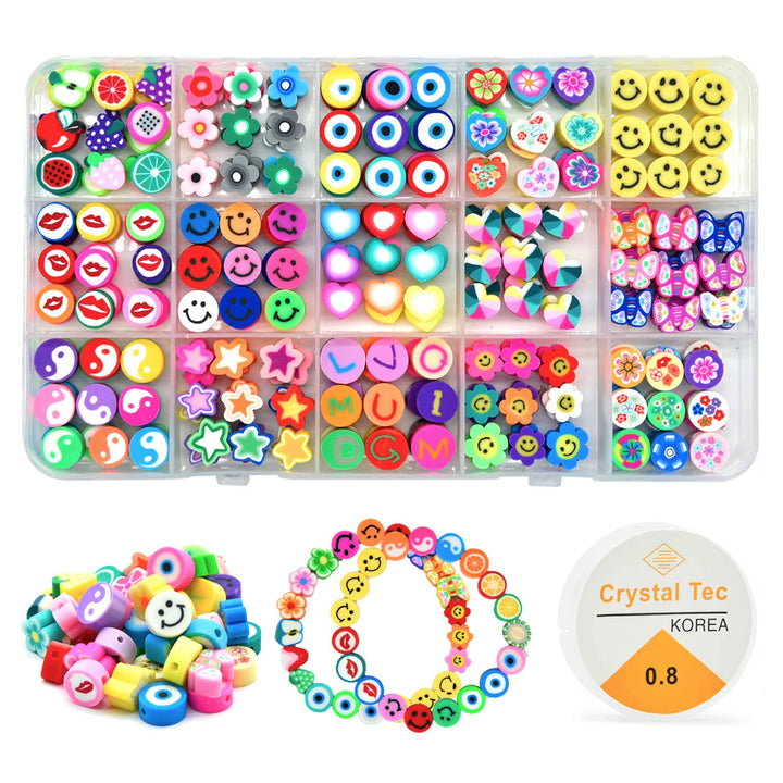 Smiley Face Beads - 300pcs DIY Polymer Clay Preppy Beads Mix Flower Heart Beads with String, Fruit Beads, Star Beads - Cute Clay Beads for Jewelry Making - Fun Beads Clay Charms for Bracelets