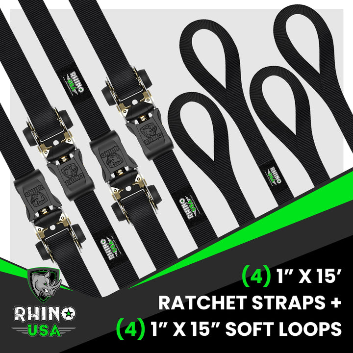 Ratchet Straps Tie Downs (4-Pack) - 1 Inch x 15 Feet (1,823lb Break Strength) - Ultimate Tie Down Straps with Safety S Hooks - Premium Straps for Trucks, Cargo, Moving, Appliances - Black