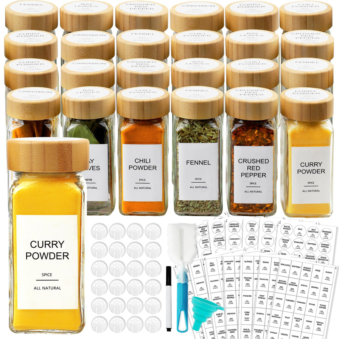 Glass Spice Jars with Bamboo Lids | Square Spice Jar with Labels | Spice Bottles With Shaker Lids | Spice Containers | for Cabinet,Drawer,Spice Rack | Seasoning Organizer (Pack of 24)