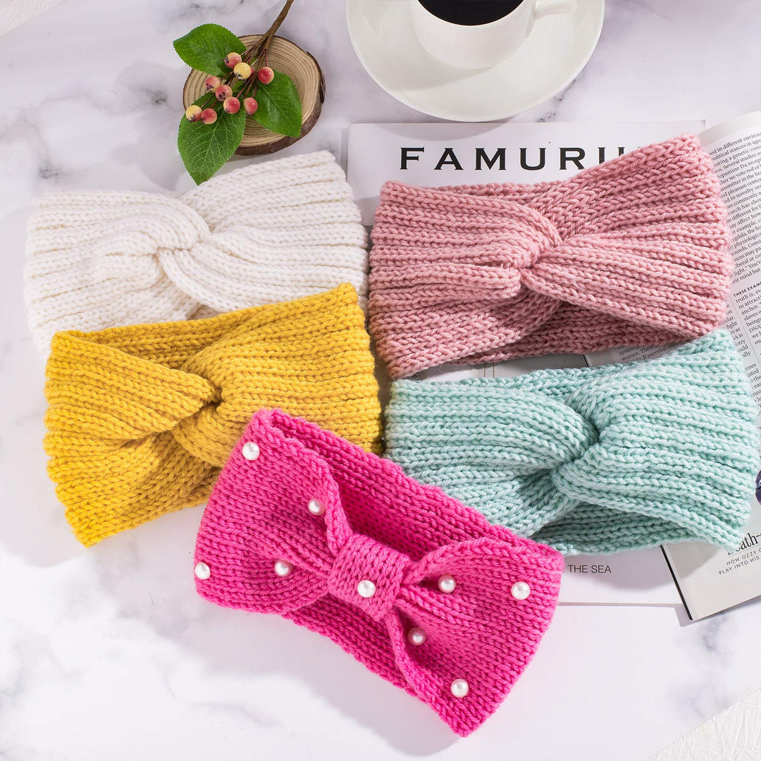 5 Pieces Knit Headbands Winter Ear Warmers, 4 Elastic Turban Head Wraps and 1 Pearl Crochet Hair Band, Hair Scrunchies Scarves for Women Girls (Candy Colors)