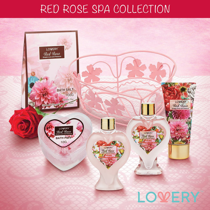 Christmas Gifts From Daughter &amp; Son - Home Spa Gift Basket for Women - Red Rose Scent - Luxury Bath &amp; Body Set with Shower Gel, Bubble Bath, Body Lotion, Bath Salt, Shower Puff and Wired Heart Basket