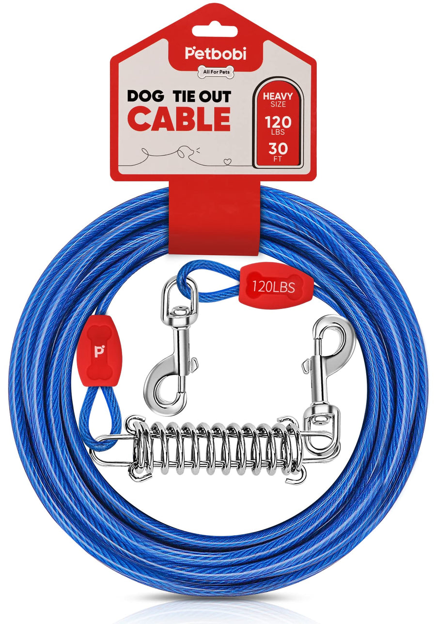 Dog Tie-Out Cable 30ft - Outdoor Leash 4mm Metal Cable with Shock Absorbing Spring 360° Swivel Clips, Chain for Dogs Yard Camping, Fit Small Medium Large Pets Up to 120lbs, Blue