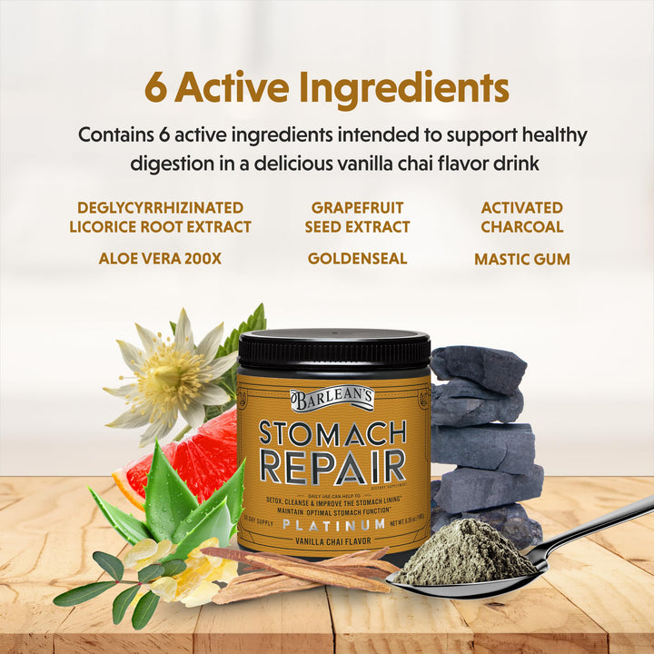 Barlean&#39;s Stomach Repair Gut Health Powder Supplement, Fiber and Digestive Support Supplements Blend for Detox and Cleanse, Vanilla Chai Drink Mix, 6.35 oz