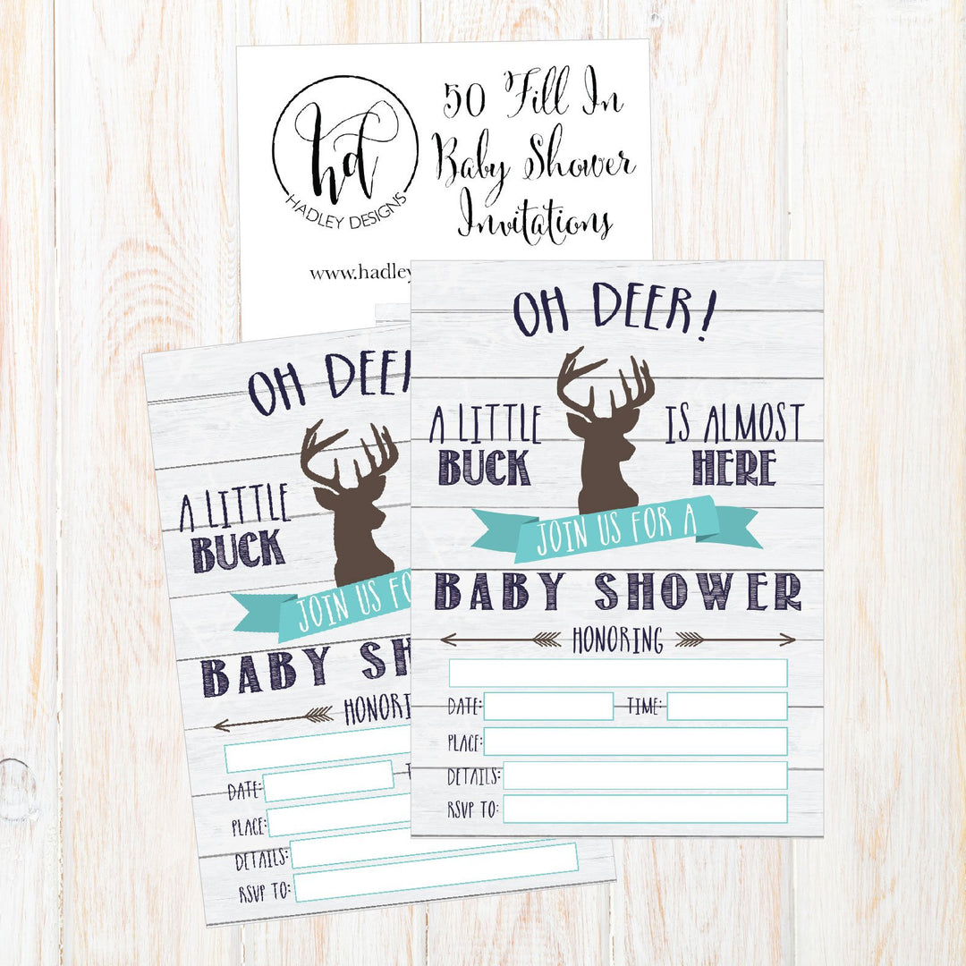 50 Fill in Deer Baby Shower Invitations, Baby Shower Invitations Hunting, Camping, Camo, Buck, Rustic, Neutral, Woodland Baby Shower Invites for Boy, Baby Invitation Cards Printable