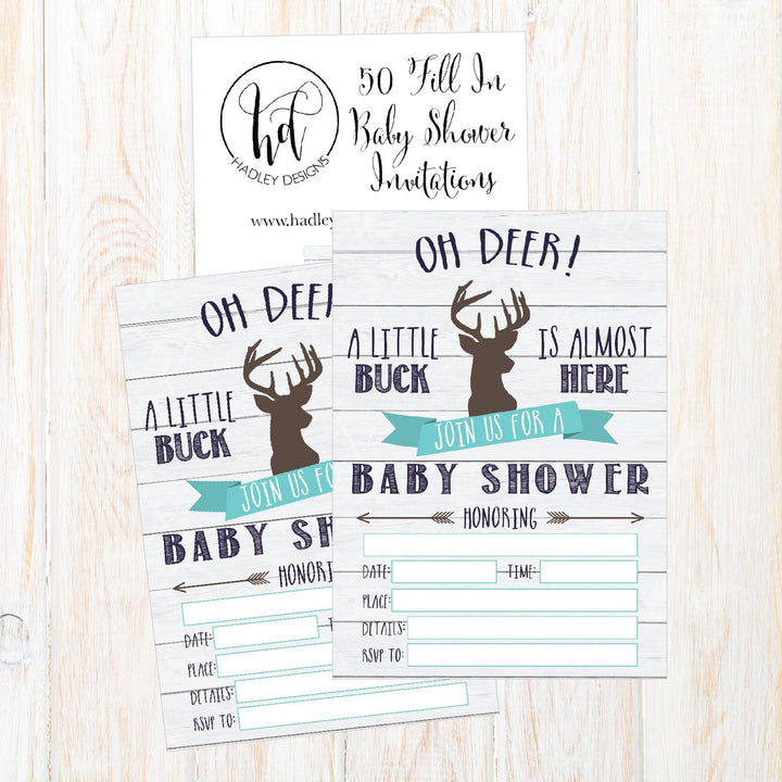 50 Fill in Deer Baby Shower Invitations, Baby Shower Invitations Hunting, Camping, Camo, Buck, Rustic, Neutral, Woodland Baby Shower Invites for Boy, Baby Invitation Cards Printable