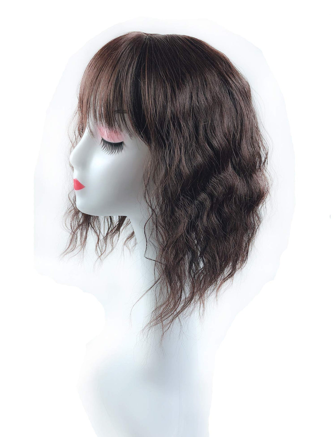 Water Wavy Hair Forehead Piece Clip in Middle Part Topper with Choppy Fringe Thin/35cm, Dark Brown