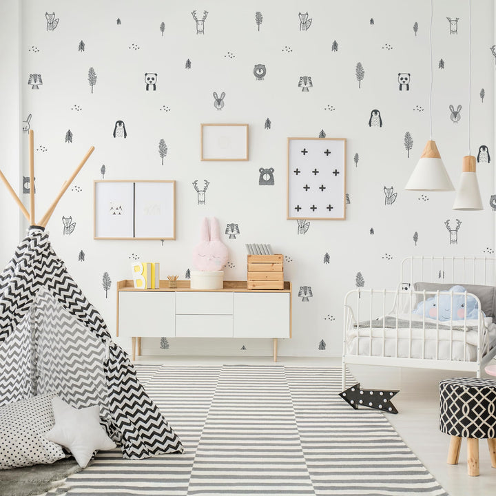 Baby RyRo London Stylish Animal Wall Decals - Charming Jungle Nursery Decor, Nordic Style Safari Wall Decals for Baby Room Decor, Black & White Jungle Wall Decals, Peel and Stick.