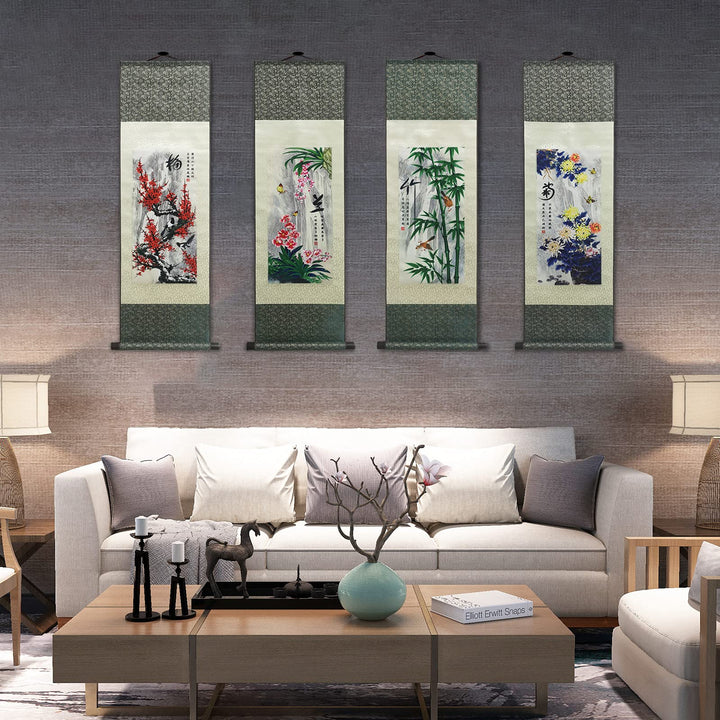 Asian Wall Decor Beautiful Silk Scroll Painting 4 Righteous Men Flowers - Plum Orchid Bamboo Chrysanthemum Oriental Decor Chinese Art Wall Scroll Hanging Painting Scroll (4 Piece)…