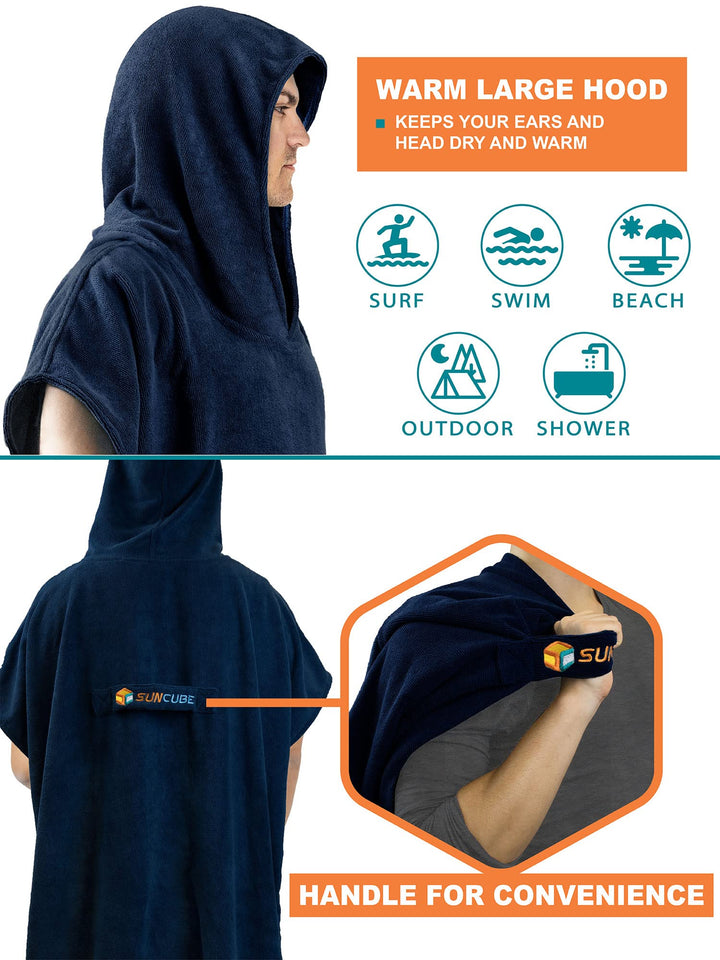SUN CUBE Surf Poncho Changing Robe with Hood, Thick Quick Dry Microfiber Wetsuit Changing Towel for Surfing Beach Swim Outdoor Sports Men, Absorbent Wearable Towel Cover Up with Pocket, Navy Blue