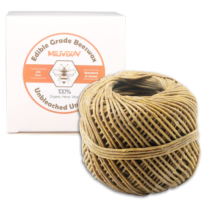 Hemp Wick with Natural Beeswax Coating, Edible Grade Beeswax, 200 FT Spool, Standard Size (1.0mm),Unbleached, Un-Dyed and 100% Organic.