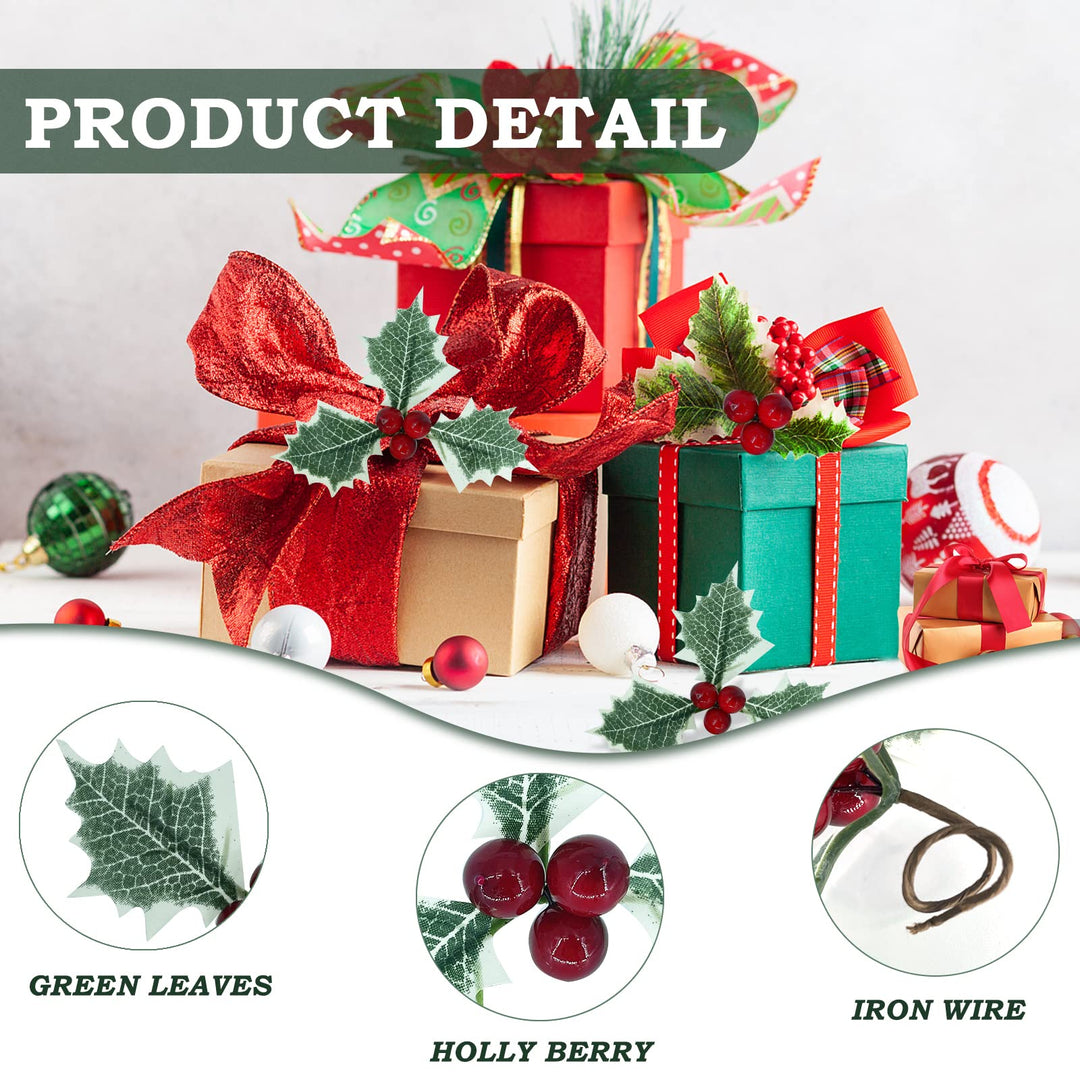 Holly Berries with Green Leaves, 24PCS Artifical Red Holly Berry Flowers for Christmas Tree/Wreath Arrangement Decorations, Red Berry Christmas Picks for Crafts Gifts Wedding Party Decor